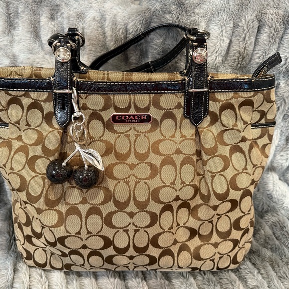 Coach Tan and Black Patent Leather Signature Tote - Picture 1 of 6